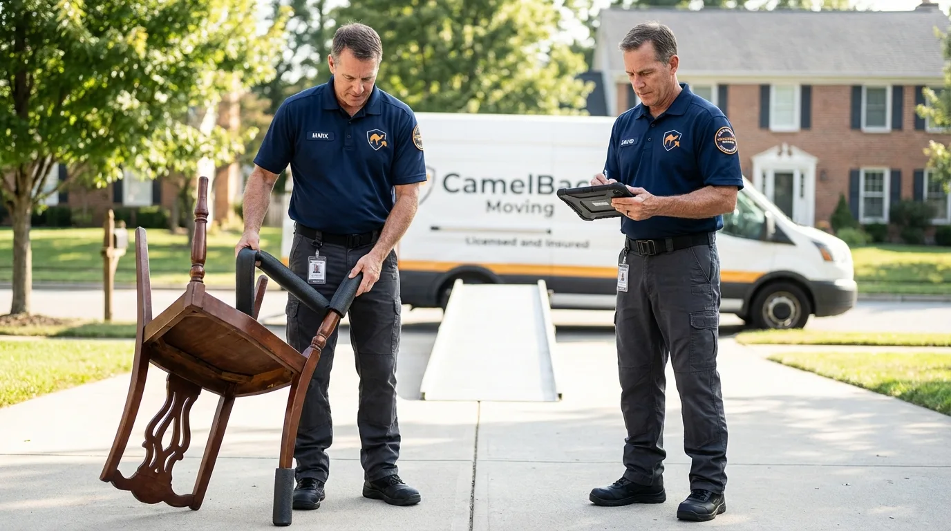 Movers inspecting furniture for damage prevention before loading in Elkfork, KY